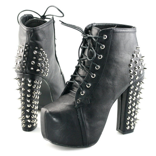 Black Lace Up Boots Chunky Heels Platform Shoes with Rivets
