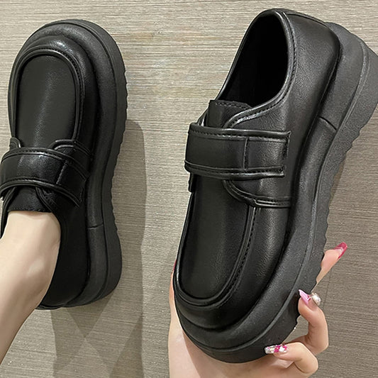 Black Round Toe Platform Loafers With Buckles Flats