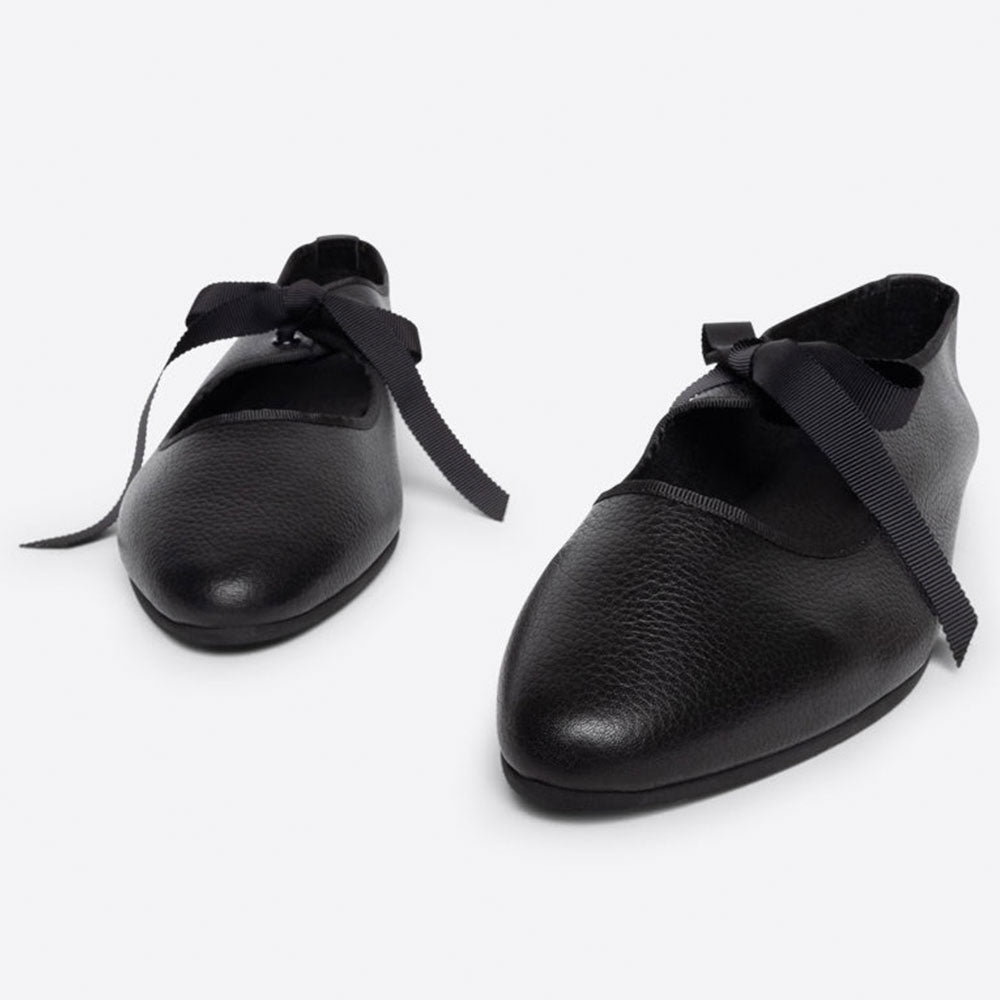 Black Vegan Leather Closed-Toe Lace-Up Comfy Ballet Flats