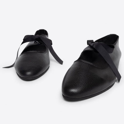 Black Vegan Leather Closed-Toe Lace-Up Comfy Ballet Flats