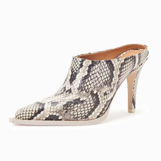 Beige and Black Vegan Leather Pointed Toe Python Print Mule Heels