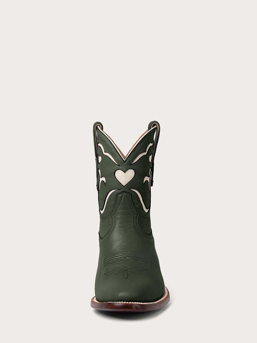 Green Vegan Leather Ivory Patch-Work Block Heeled Cowgirl Ankle Boots