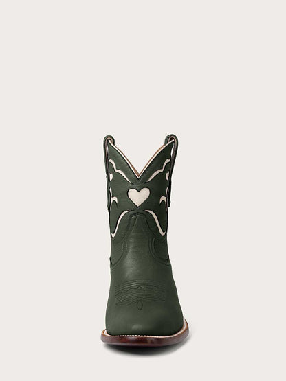 Green Vegan Leather Ivory Patch-Work Block Heeled Cowgirl Ankle Boots