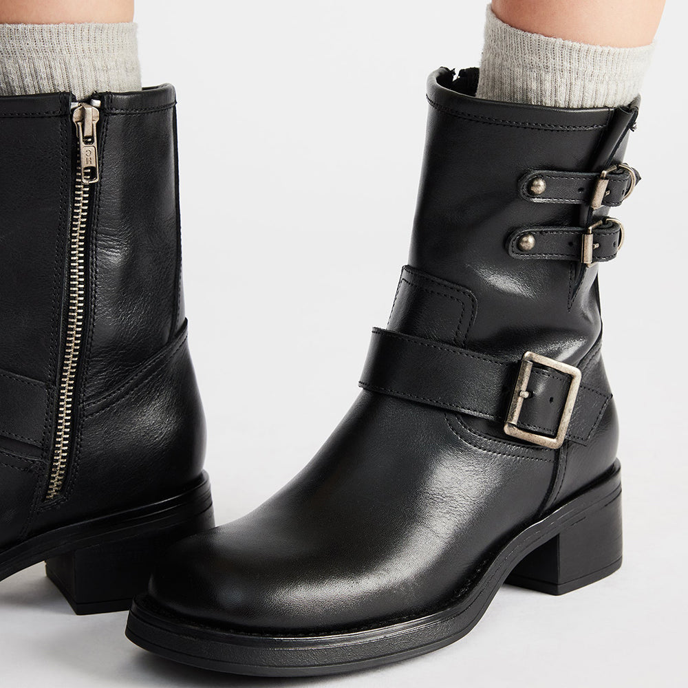 Black Round Toe Low Chunky Heel Buckled Ankle Boots