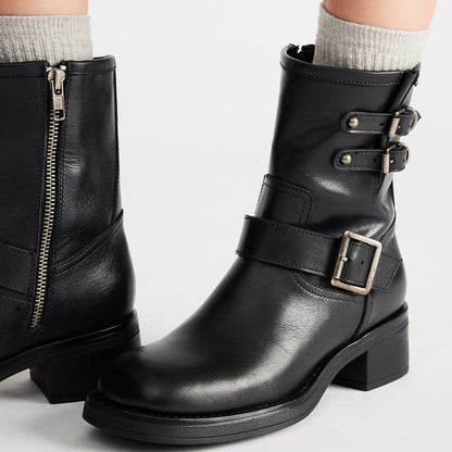 Black Round Toe Low Chunky Heel Buckled Ankle Boots