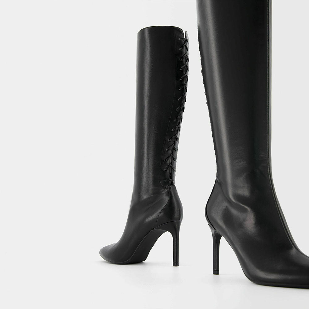 Black Pointed Toe Stiletto Heel Tie Detail Zipper Knee High Boots