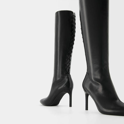 Black Pointed Toe Stiletto Heel Tie Detail Zipper Knee High Boots