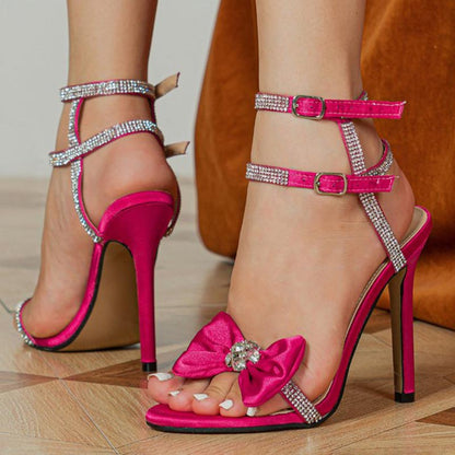 Fuchsia Open Toe Ankle Strap Bow Rhinestones Wedding  Stiletto Heels