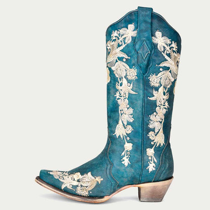Teal Vegan Suede Embroidered Chunky Heel Mid Calf Cowgirl Boots