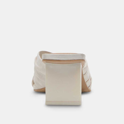 White Satin Square Toe Block Heel Ruched Mule Sandals for Wedding