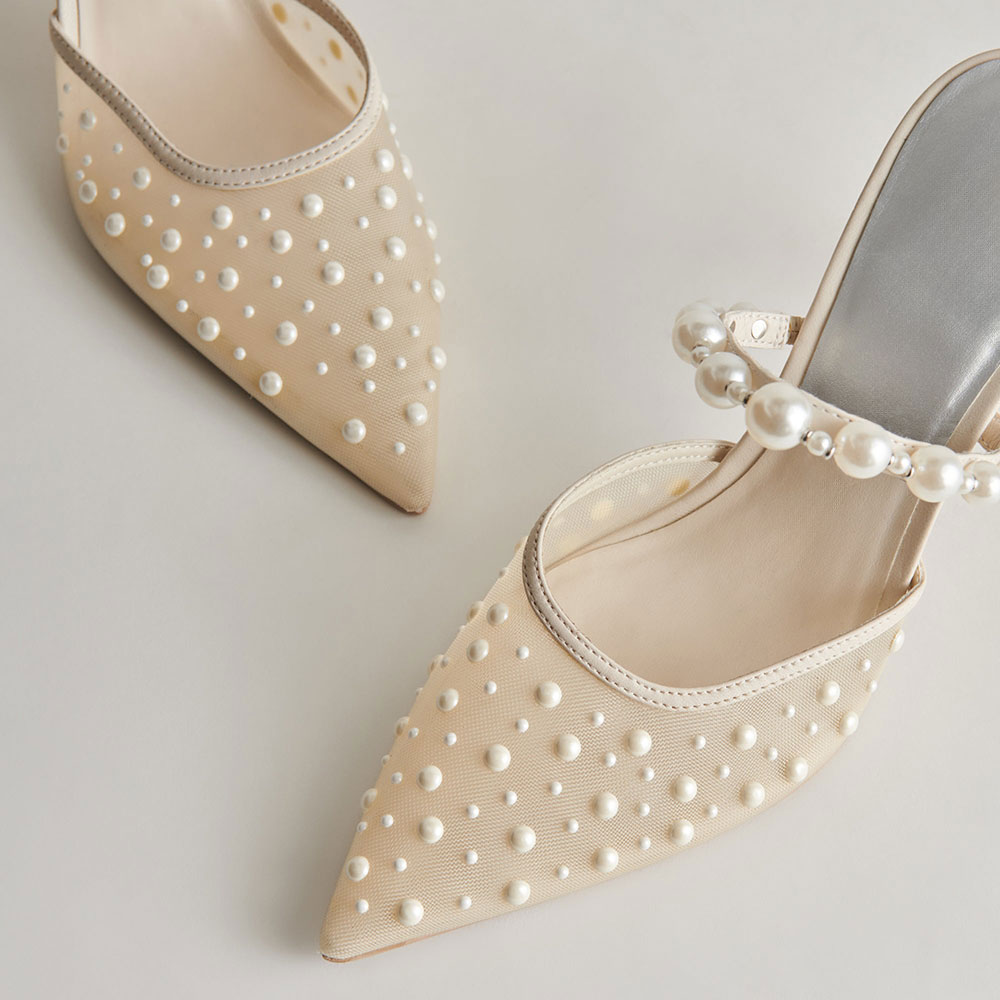 Beige Mesh Pointed Toe Pearl Embellished Wedding Shoes Mule Heels