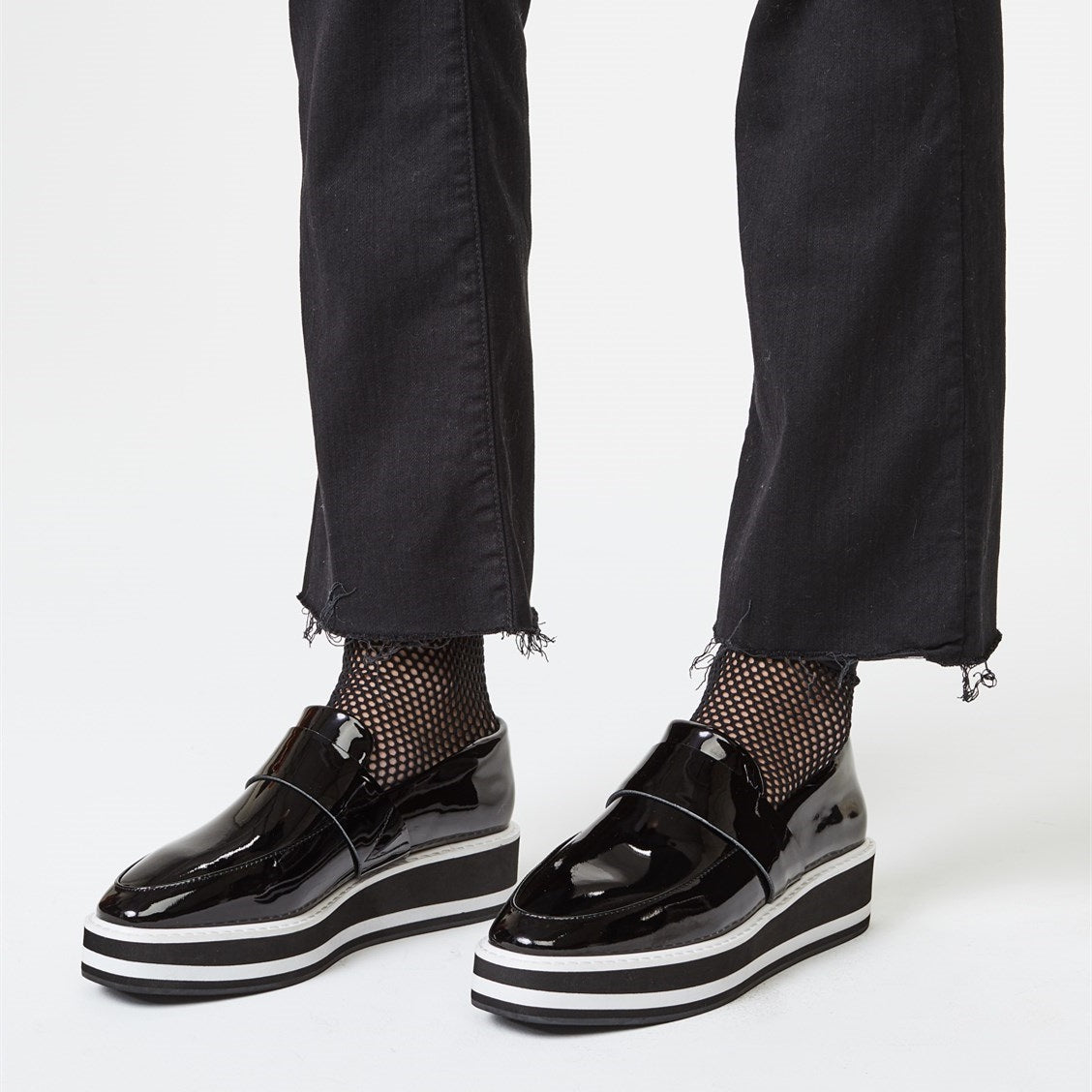 Black Patent Leather Round Toe Platform Loafers for Women