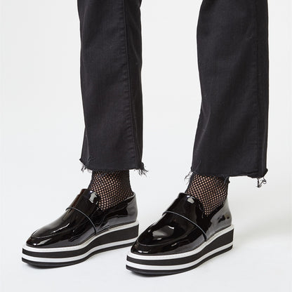 Black Patent Leather Round Toe Platform Loafers for Women