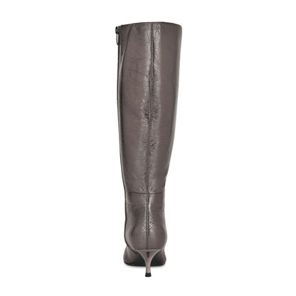 Gray Metallic Finish Square Toe Side Zipper Knee High Boots