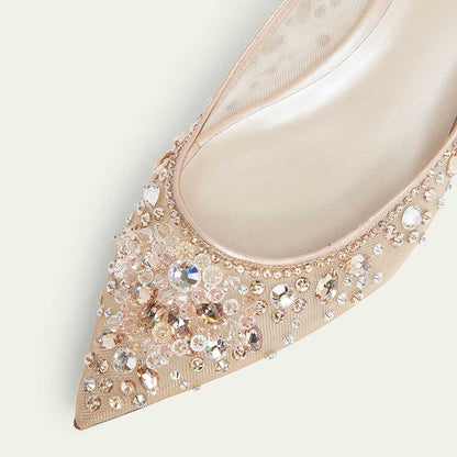 Champagne Mesh Pointed Toe Rhinestone Decor Bride Flats