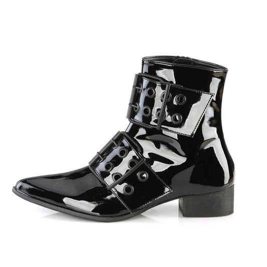 Black Patent Leather Pointed Toe Chunky Heel Studded Ankle Boots