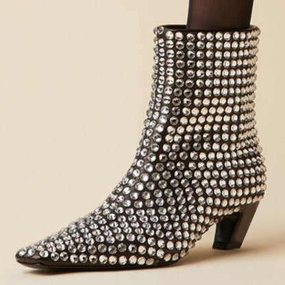 Women's Sparkly Rhinestone Embellished Chunky Heel Ankle Boots