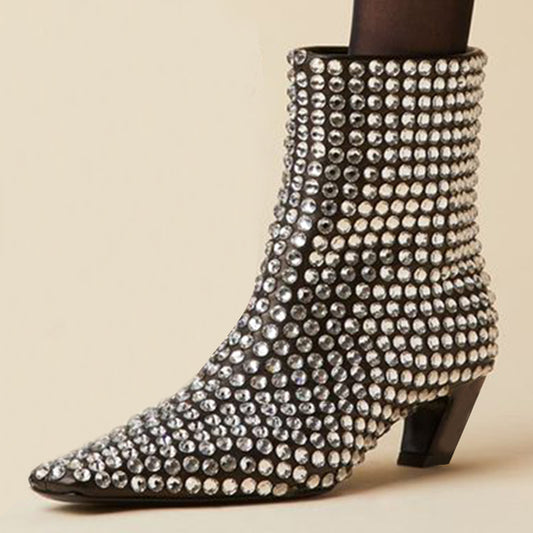 Women's Sparkly Rhinestone Embellished Chunky Heel Ankle Boots