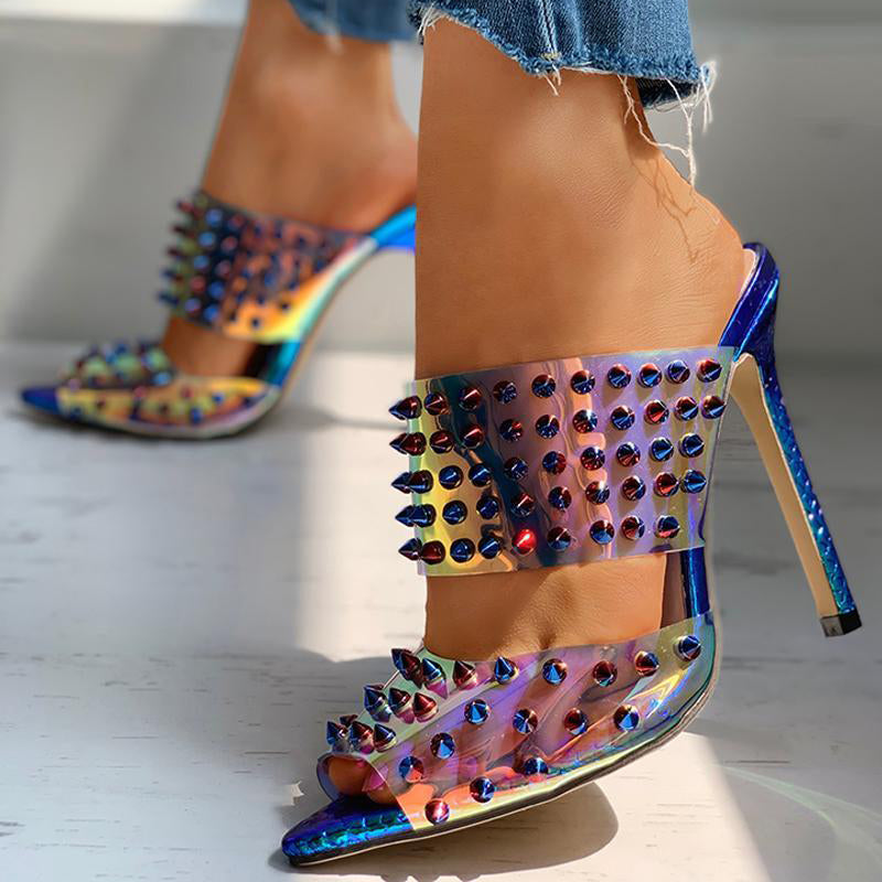 Women's Holographic Pointed Toe Studded Decor Heeled Mules