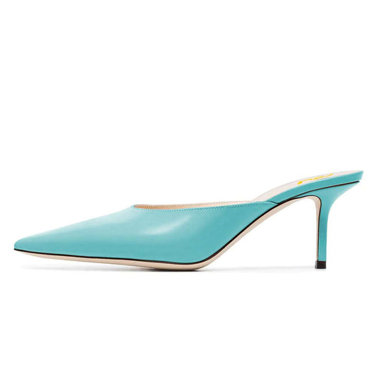 Turquoise Pointed Toe Kitten Heel Office Mules for Women