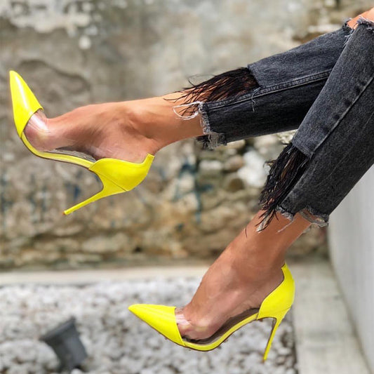 Yellow Pointed Toe Transparent PVC Stiletto Heel Pumps for Women