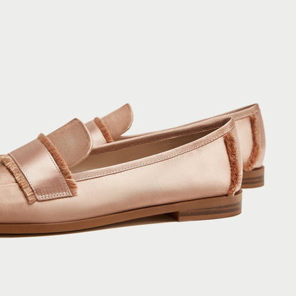 Blush Satin Loafers for Women Cute Round Toe Flats with Fringe