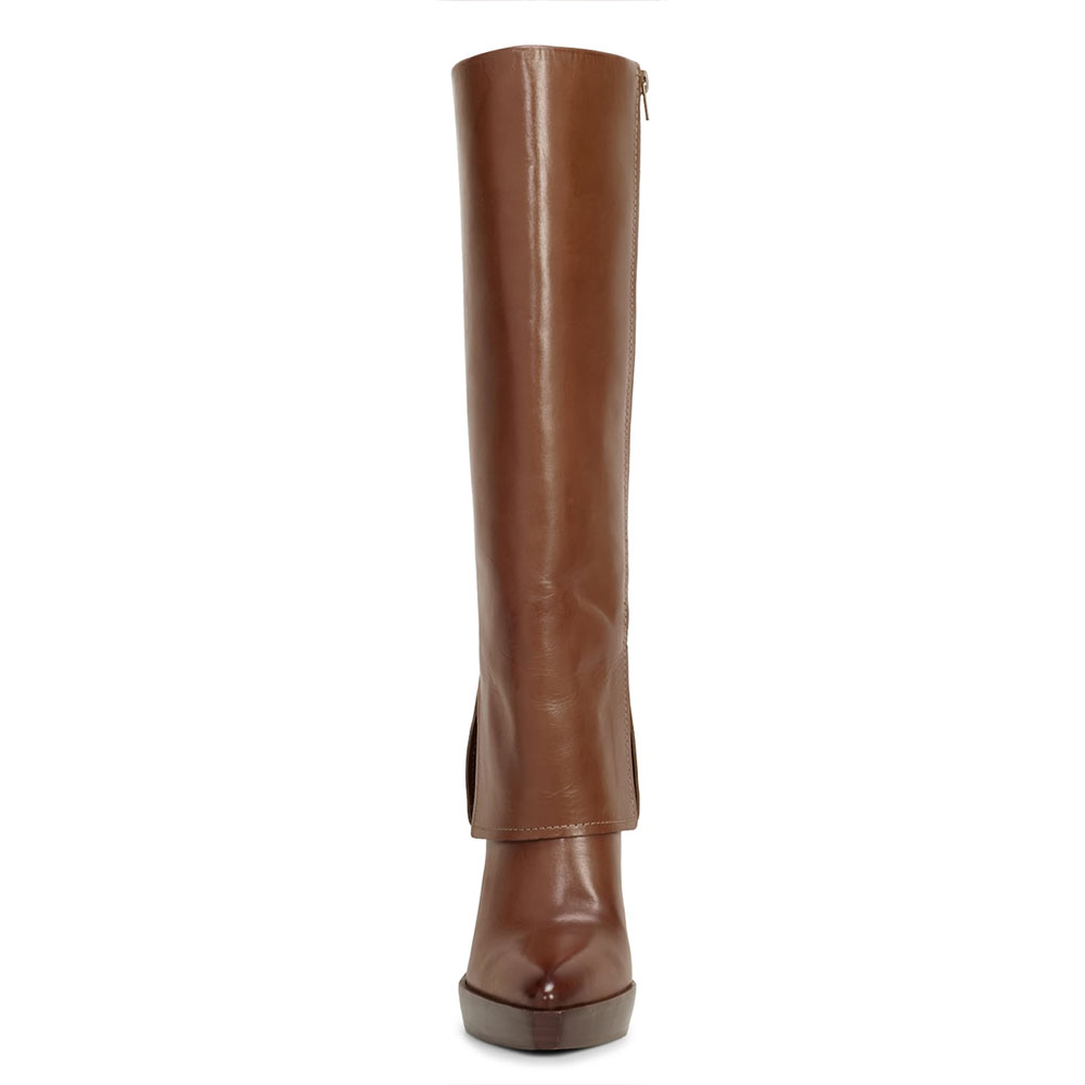 Brown Pointed Toe Fold-over Platform Knee High Boots with Block Heel