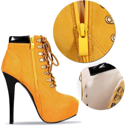 Mustard Lace up Boots Stiletto Heel Platform Vintage Suede Shoes