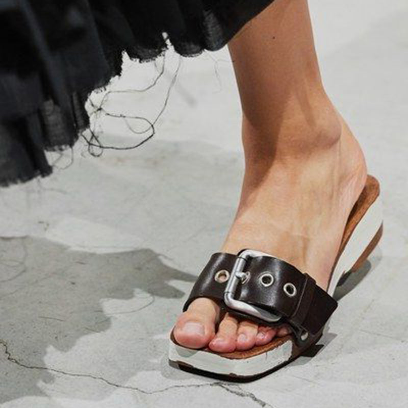 Black & White Platform Mules Square Toe Vintage Buckle Heeled Clogs