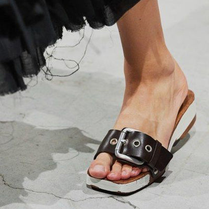 Black & White Platform Mules Square Toe Vintage Buckle Heeled Clogs