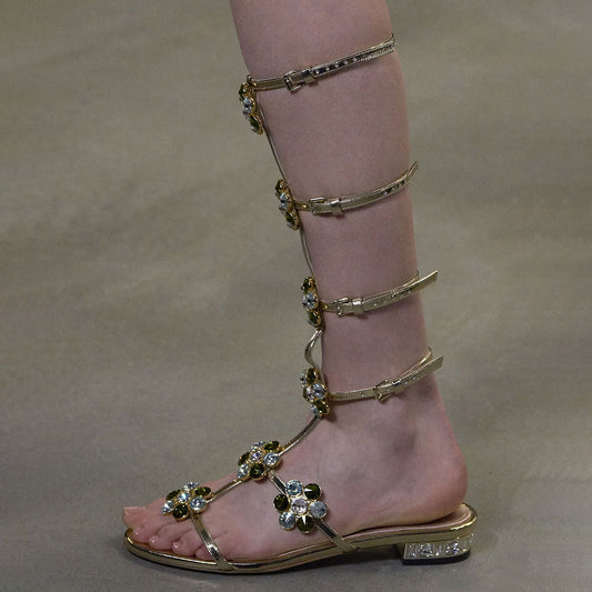 Champagne Mid-Calf Gladiator Sandals Multi Strap Crystal Floral Flats