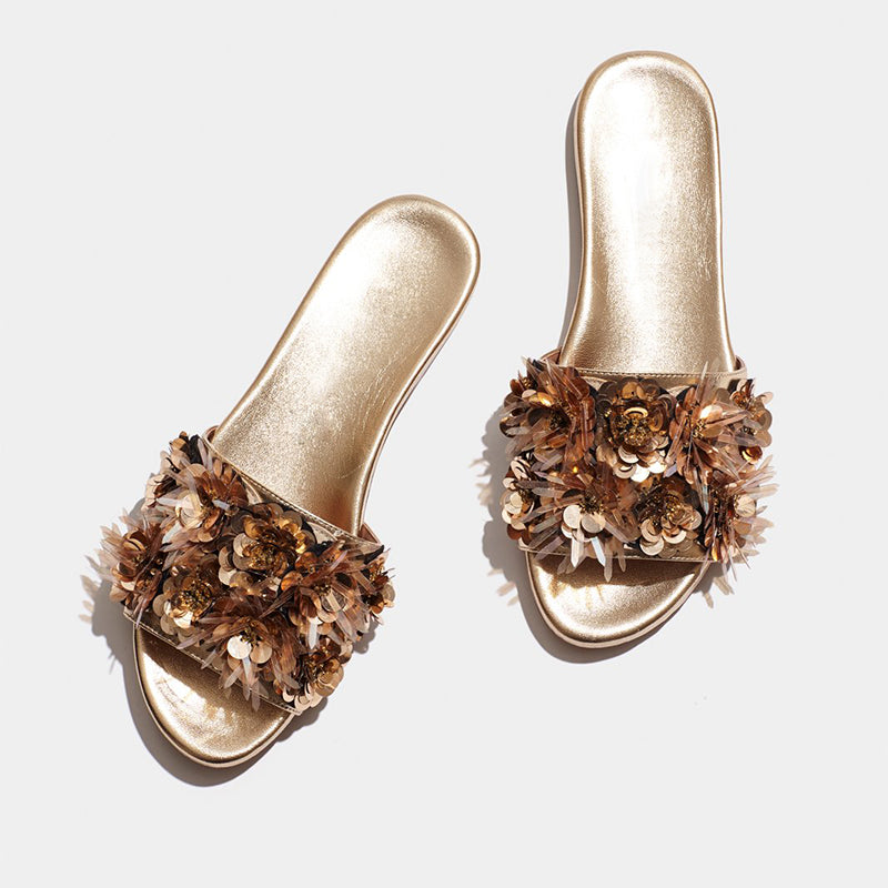 Gold Sequined Flats Women's Slide Sandals