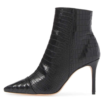 Black Croco Embossed Booties Pointed Toe Stiletto Heel Ankle Boots