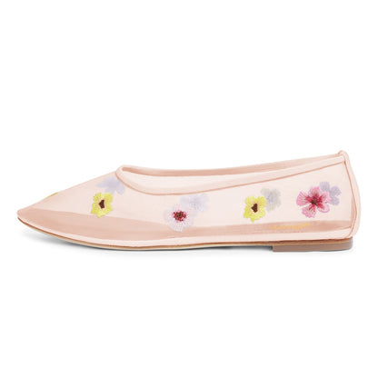 Women's Pink Round Toe Slip-On Floral Embroidered Mesh Flats