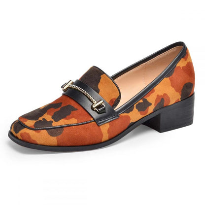 Brown Cow Print Low Chunky Heel Women's Loafers with Metal Accent