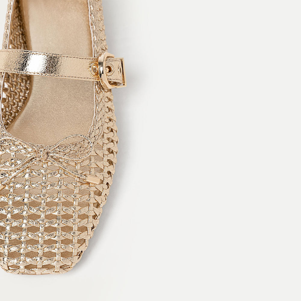 Gold Metallic Finish Woven Square Toe Bow Buckle Strap Flats