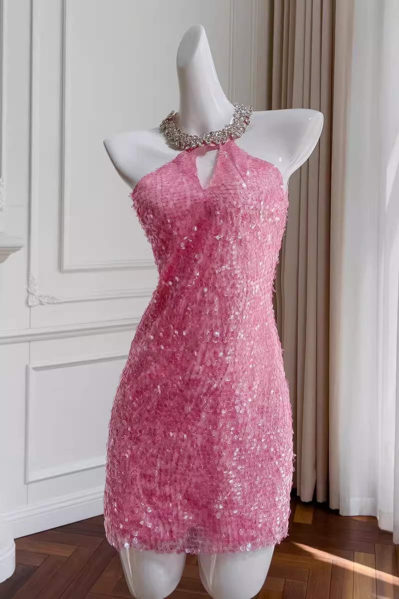 New Fashion Rose Pink Beading Sequin Sheath Short Party Dress Homecoming Dresses TP3929