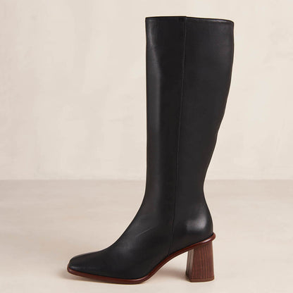 Black Vegan Leather Square Toe Chunky Heel Side-Zipper Knee High Boots