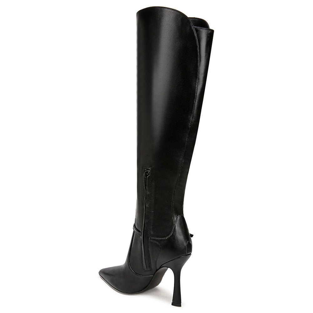 Black Pointy Toe Buckle Strap Detail Knee High Boots with Side Zipper