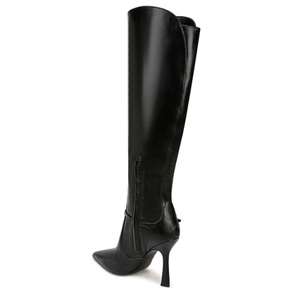 Black Pointy Toe Buckle Strap Detail Knee High Boots with Side Zipper