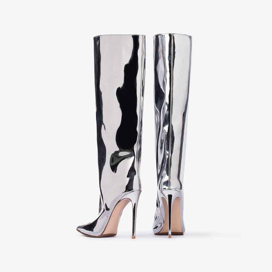 Silver Metallic Pointed Toe Stiletto Heel Knee High Boots