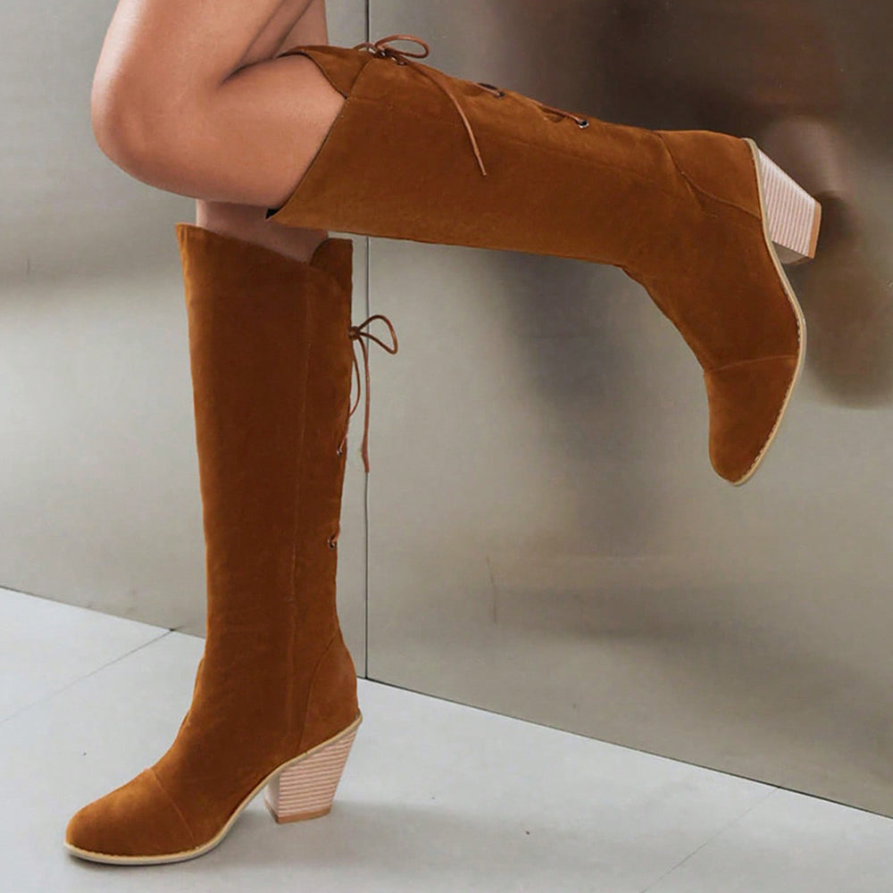 Brown Faux Suede Closed Toe Chunky Heel Lace Up Knee High Boots