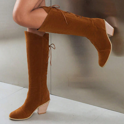 Brown Faux Suede Closed Toe Chunky Heel Lace Up Knee High Boots