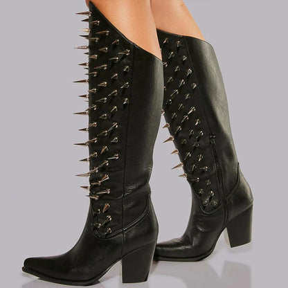 Stylish Black Pointed Toe Rivets Detail Chunky Heel Knee High Boots