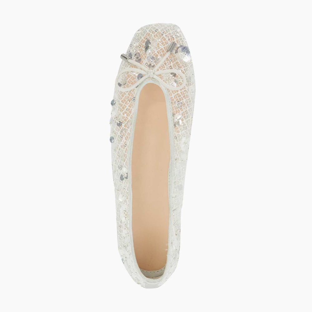 Chic White Mesh Sequin Flower Square Toe Bow Decor Ballet Flats
