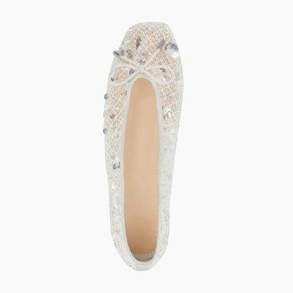 Chic White Mesh Sequin Flower Square Toe Bow Decor Ballet Flats