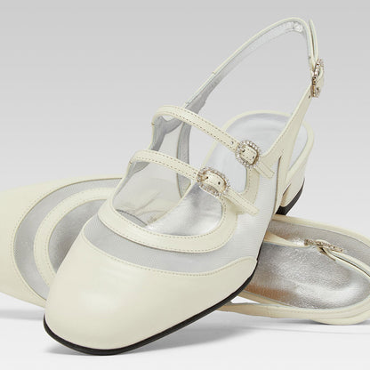 White Mesh Rhinestone Buckle Straps Mary Jane Flats with Slingback