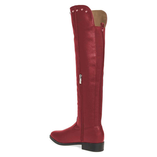 Maroon Round Toe Flat Knee High Boots with Studs