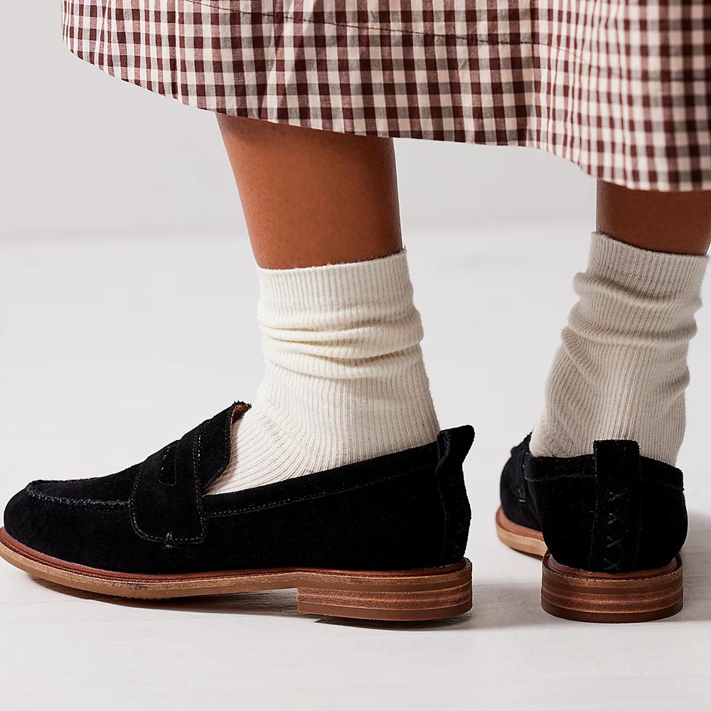 Black Faux Suede Round Toe Low Chunky Heel Loafers