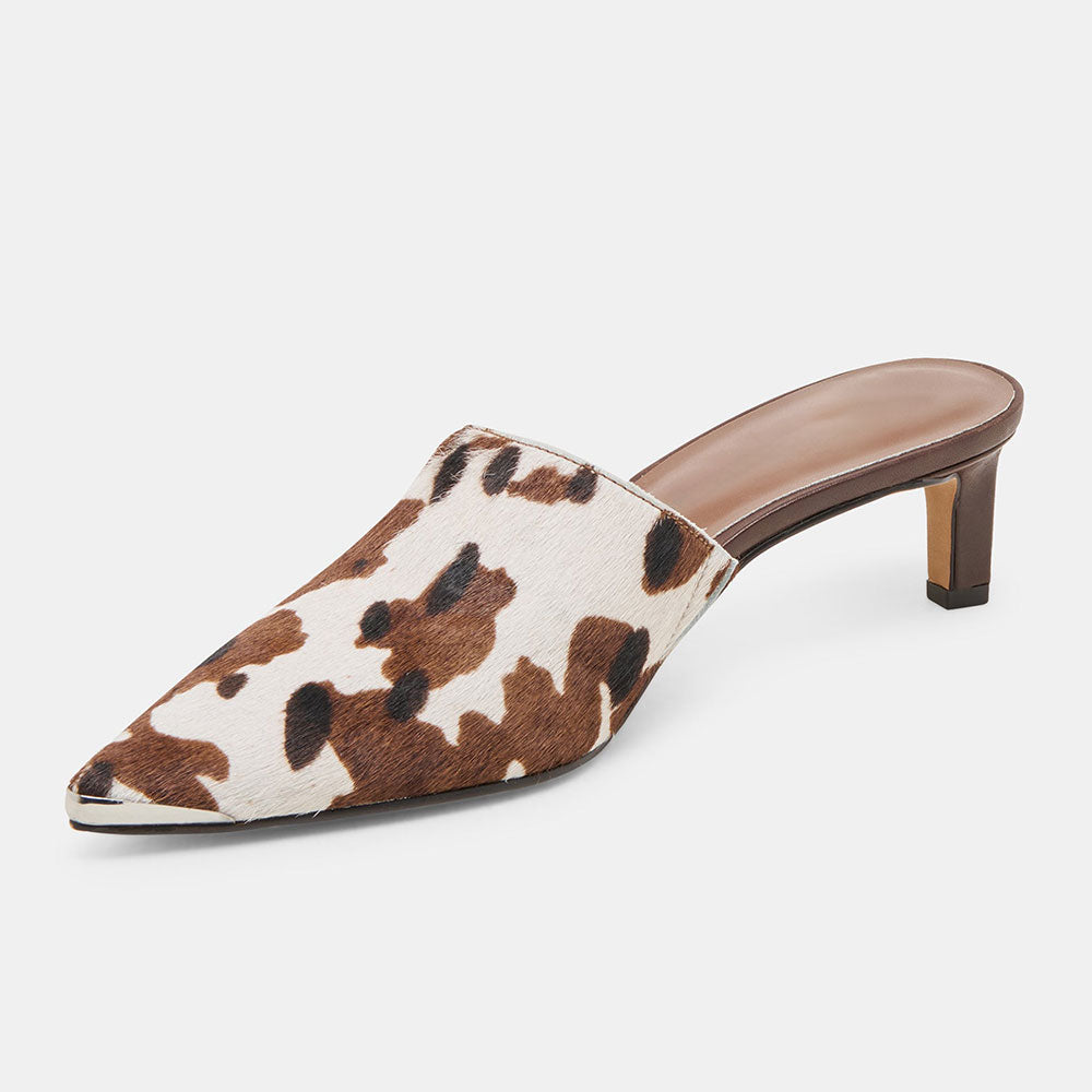 Beige & Brown Cow Print Pointed Toe Stiletto Heel Women's Mules Shoes